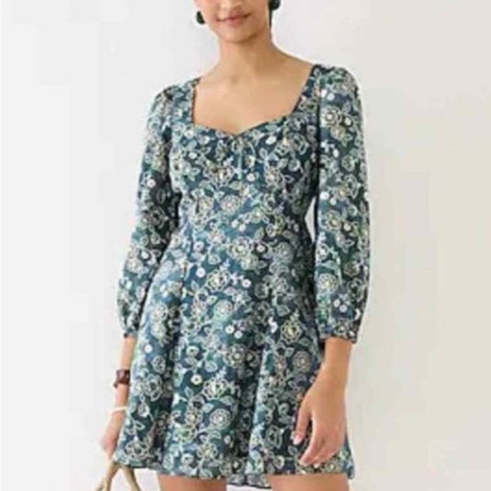 J. Crew green flowery dress, sweetheart neckline, with Bishop Sleeves